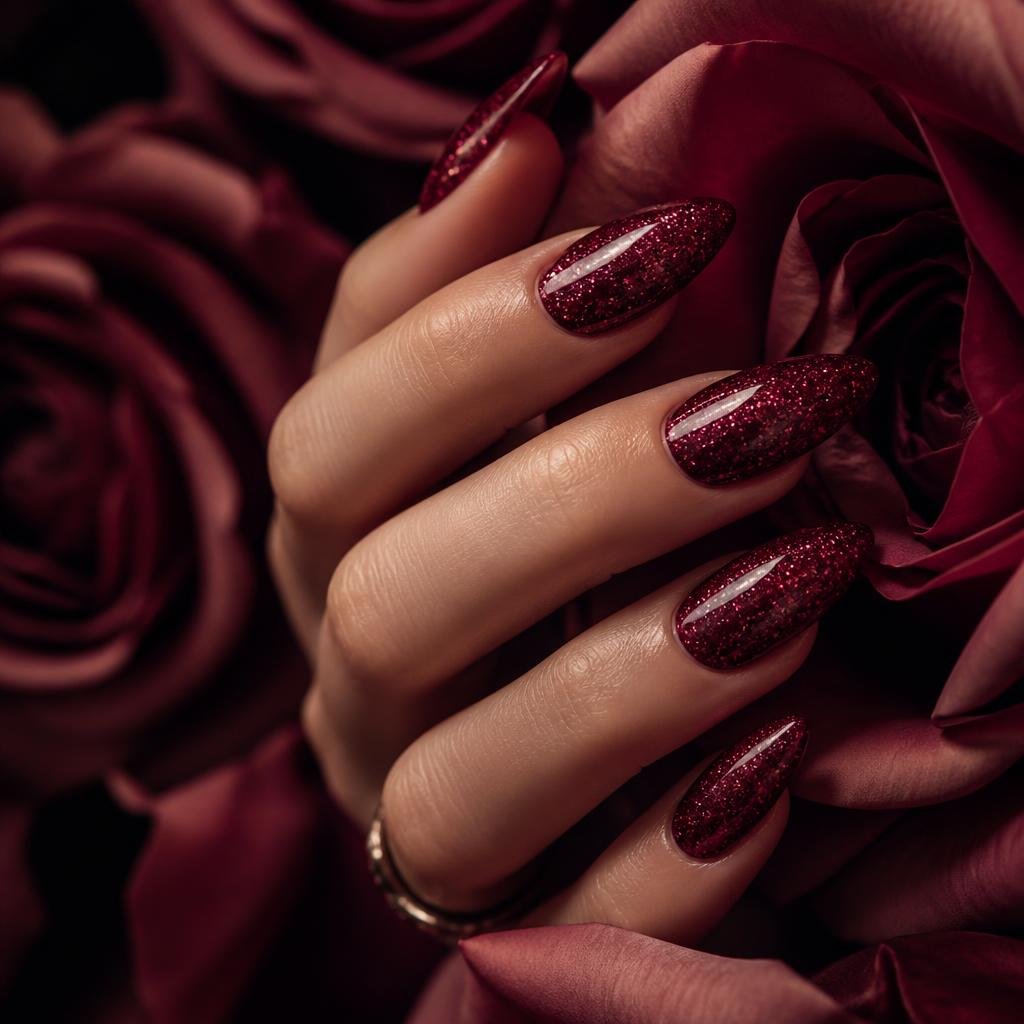 Berry Hour glitter manicure